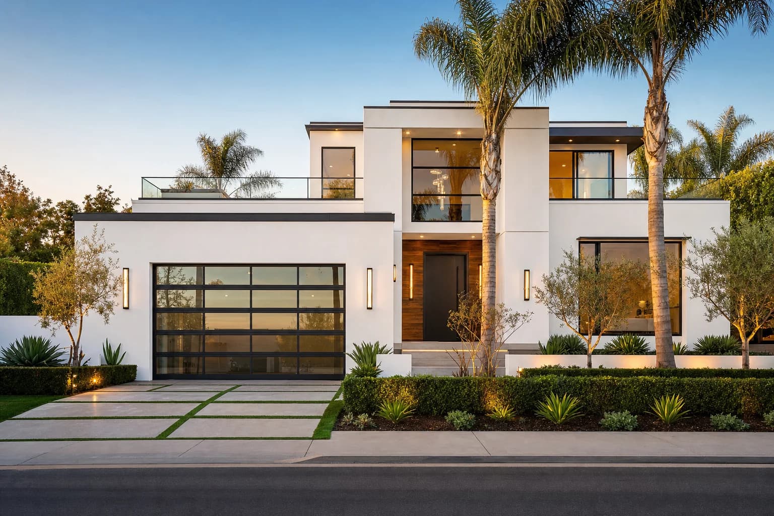 Luxury modern home in Orange County with architectural garage door