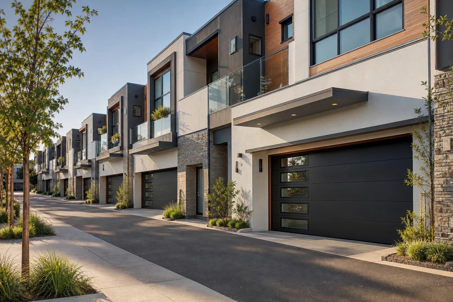 Multifamily residential development with premium garage doors