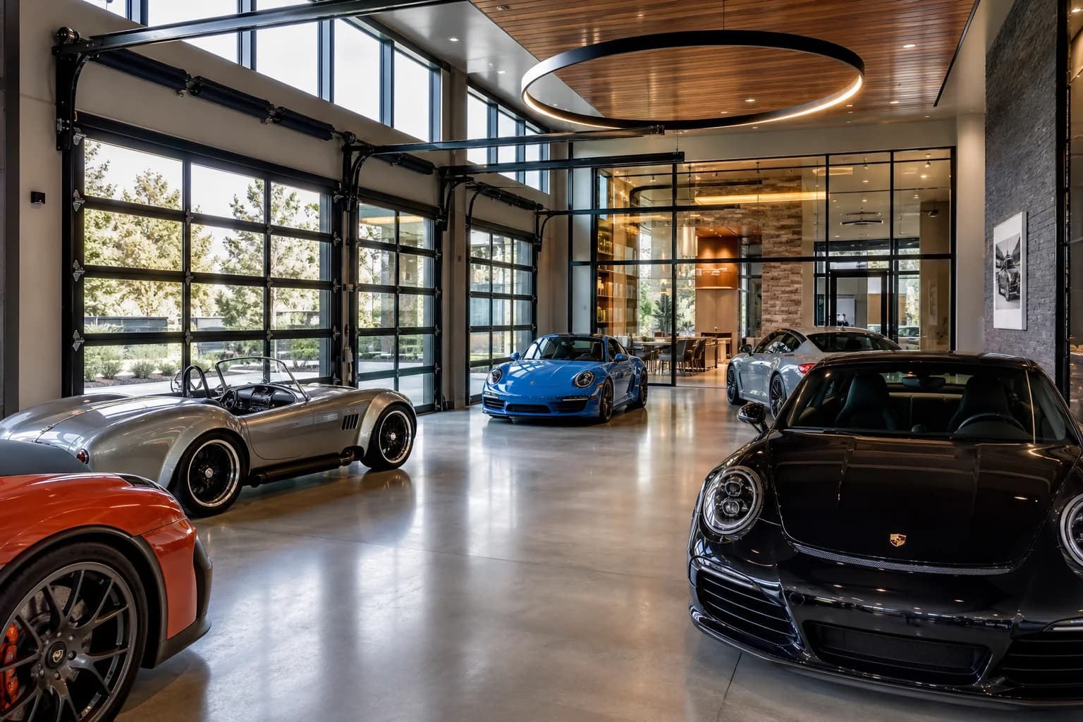 Luxury auto gallery with full-view glass garage doors